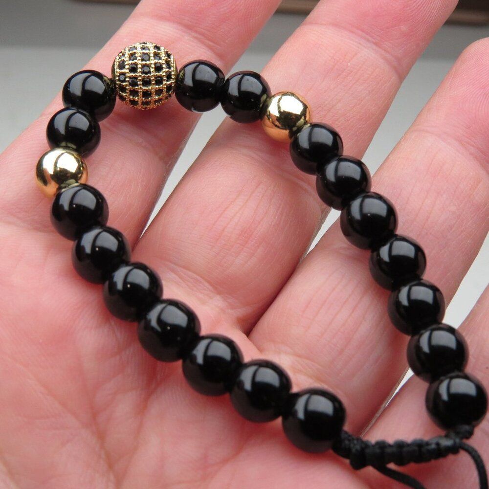$120 Onyx healing Yoga elastic Bracelet 18k plated cz setted Men Women